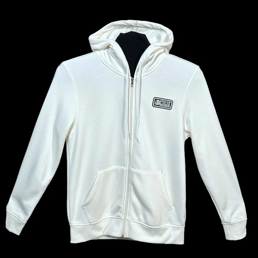 True Religion Mens Full Zip Hoodie Size L Winter White Branded Tape Across Back